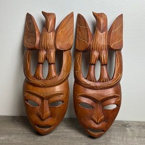 Vintage Wood Carved Tribal Art Masks Wall Hangings